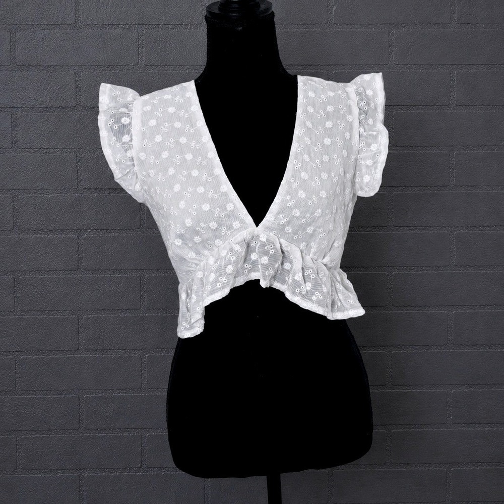 Womens White Eyelet Babydoll Crop Top Small Peplum Fairy Coquette Y2K‎ Ruffle